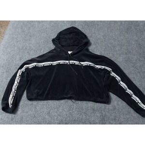 Adidas Pullover Sweater Womens XL‎ Black Spellout Cropped Hoodie Velour Trefoil